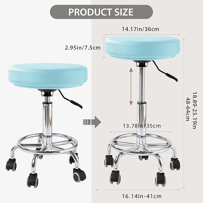 Adjustable Rolling Stool with Wheels Heavy Duty 500lb Round RollingStool with Footrest, Patent Leather Drafting Stool Chair with Wheels Work Spa Salon Seat,Blue