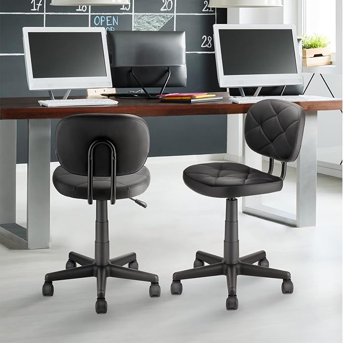 KLASIKA PU Leather Rolling Stool with Back and Wheels, Adjustable Diamond Upholstered Drafting Stool, Multi-Purpose Desk Chair for Home Office Bar Kitchen Shop, Black (2PK)