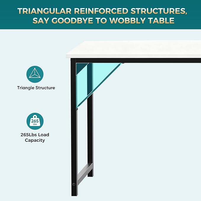 DUMOS 63 Inch Computer Desk for Home Office, Modern Study Work Table Simple Style for Bedroom, Large Writing Desks with Triangular Reinforcement, Wood White