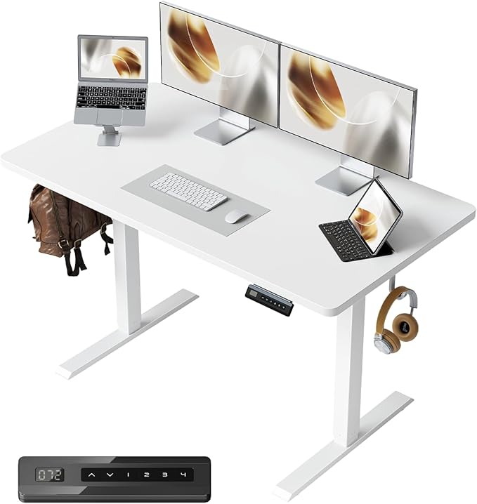 CubiCubi 40 x 24 Small One-Piece Standing Desk, Adjustable Height Electric Computer Sit Stand up Home Office Workstation, with 4 Memory Presets, Headphone Hook, White