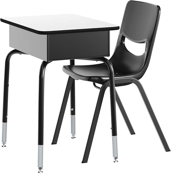EMMA + OLIVER Jacobs Desk/Stackable Ergonomic Chair Set, Flex Comfort Seat Back, Adjusting Desk Legs, Metal Open Front Storage Box, Gray Desktop/Black Chair