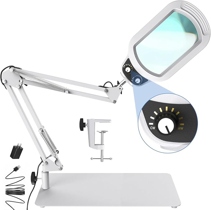 10X Rectangle Magnifying Glass with Light and Stand, Real Glass Lighted Magnifier Hands Free, Mechanical Knob 5 Color Modes Stepless Dimmable, 2-in-1 LED Desk Lamp with Clamp for Close Work - White