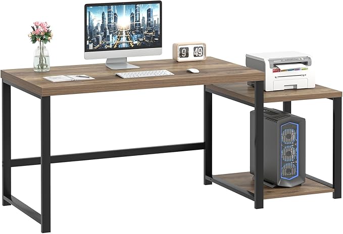 FOLUBAN 63 Inch Large Computer Desk with Printer Space & PC Tower Stand, Modern Wood Home Office Desk Workstation with Storage Shelves, Writing Study Gaming Table, Rustic Oak
