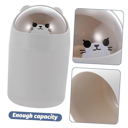 Vaguelly Cute Bear Desktop Trash Can Lid Mini Plastic Waste Bin for Office and Home Slim Cartoon Garbage Can for Bedroom and Desk