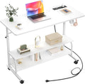 Armocity Rolling Standing Desk with Power Outlets, 39" Manual Height Adjustable Mobile Computer Desk with Wheels, Small Portable Sit Stand Laptop Couch Table for Bed & Sofa Home Office, Whtie