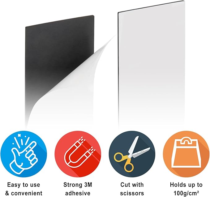 Magnetic Strips with 3M Adhesive Backing, Strong Magnetic Tape Flat Rubber Magnet Strip, Sticky Magnet Strips for Most Surfaces, Refrigerator Whiteboard Dry Erase Board (4 pcs, 150 x 60 x 2 mm)