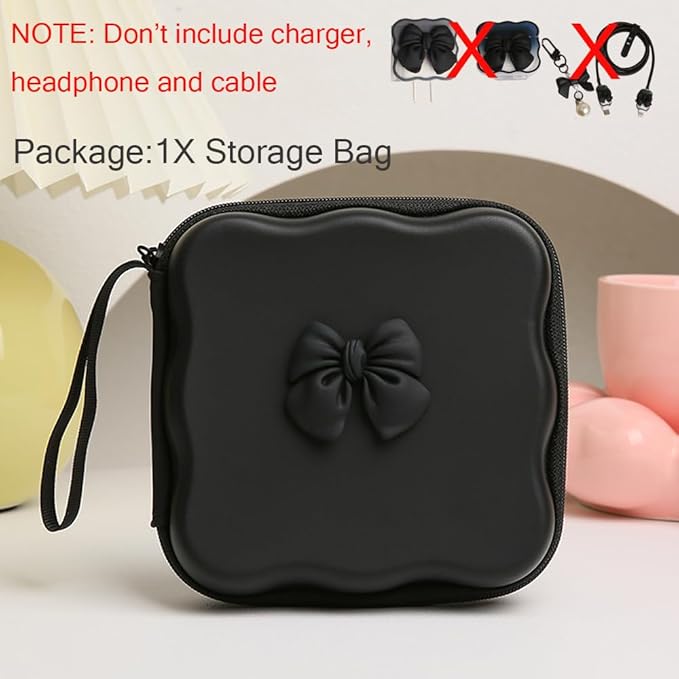 Charger Cover Storage Bag, Cute 3D Bow Tie Waves Design Charger Protector Travel Storage Case, Earphone Wire Saver Cable Cord Organizer Wireless Earphone Storage Box, Black Bow