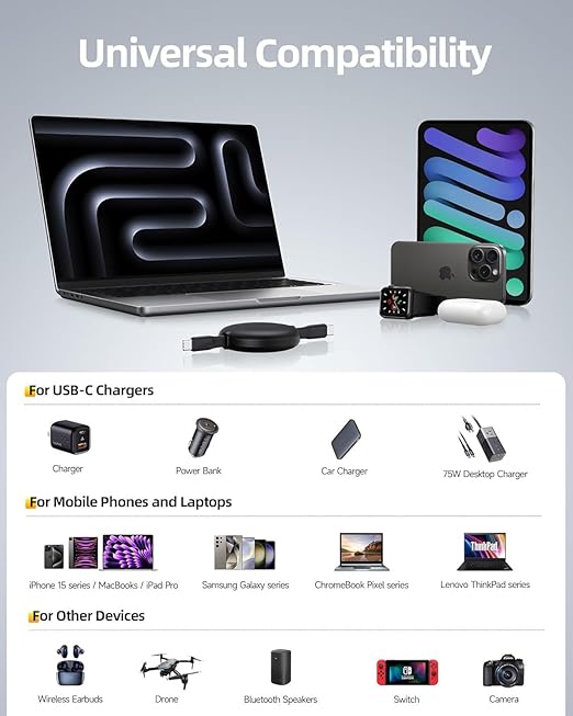 240W USB C to USB C Cable, Retractable usb c Cable Fast Charger Lead, Short Type-C Data Charging Wire for MacBook Pro/Air, iPad Pro/A16/10th/Mini, IPhone 17 Air/16 Pro Max/15Plus Travelling Essentials