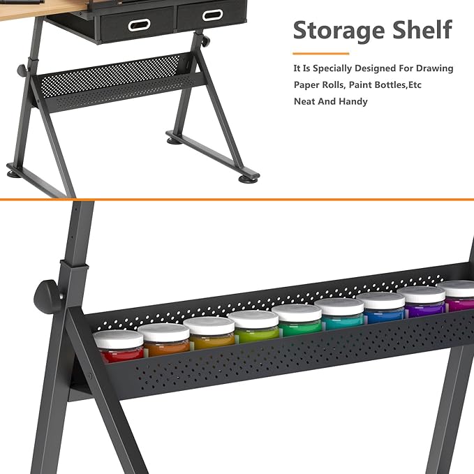 OS MOTOR Adjustable Height Drafting Table with Wood Top, Art Craft Desk with Slide-Out Drawers, Storage, for Drawing, Writing, Painting, and Creative Tasks, Ideal for Home Office, Natural