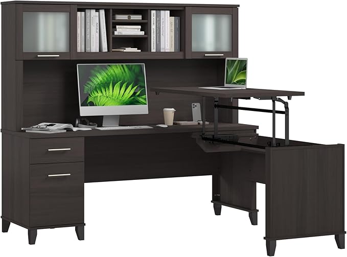 Bush Home Somerset 72W 3 Position Sit to Stand L Shaped Desk with Hutch in Storm Gray | Adjustable Height Table for Home Office