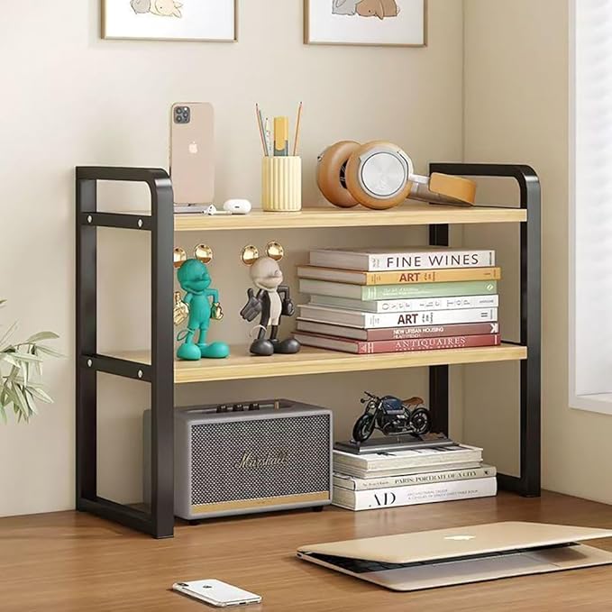 Hbluefat Desktop Organizer Shelf, 2-Tier Adjustable Desk Bookshelf, Tabletop Small Wood Bookcase, Multipurpose Display Storage Rack for Home Office (Wood+Black)