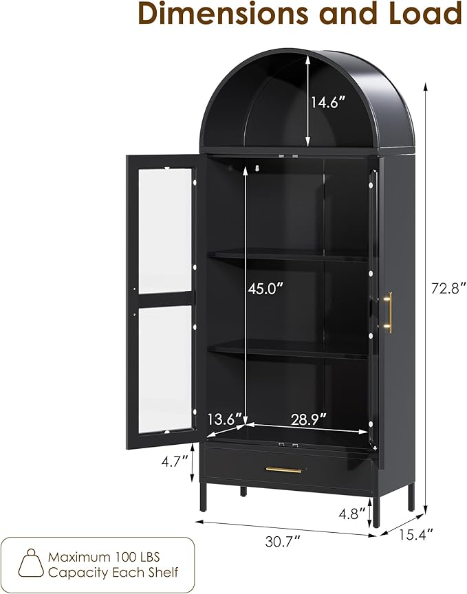 VEXPOR 73" Tall Arched Display Cabinet with Glass Doors, Metal Arched Curio Cabinet with Drawer for Living Room, Home Office, Assembly Required, Black
