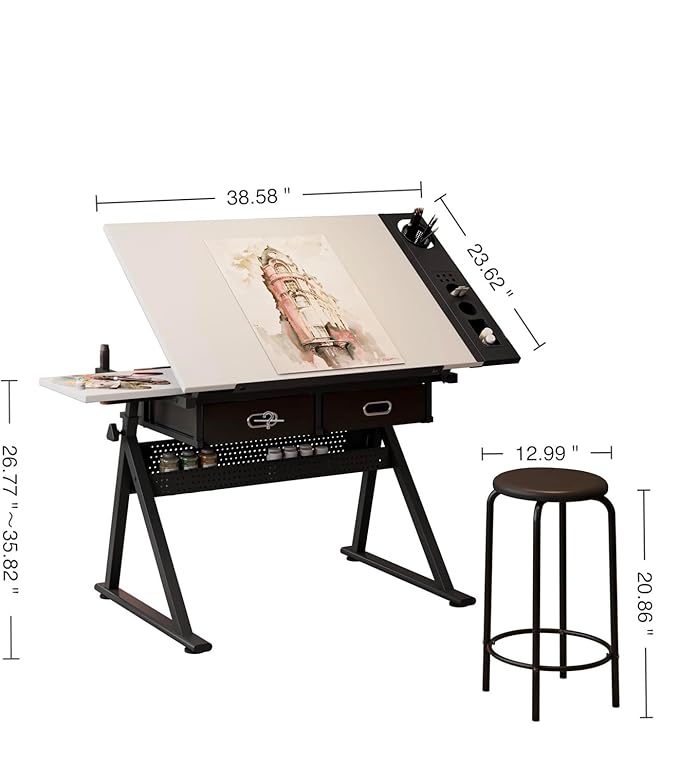 Adjustable Drafting Table Set with Stool, Drawing Desk Artist Table with Storage Drawers, Tiltable Tabletop Art Table Multifunctional Craft Workstation for Home Office