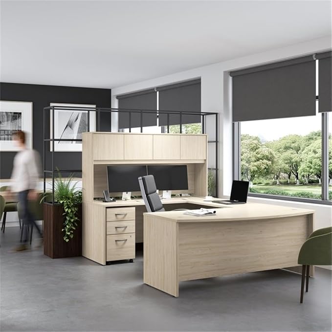 Bush Business Furniture Studio C 72W x 36D U Shaped Desk with Hutch and Mobile File Cabinet in Natural Elm, U Workstation Set for Home or Professional Office