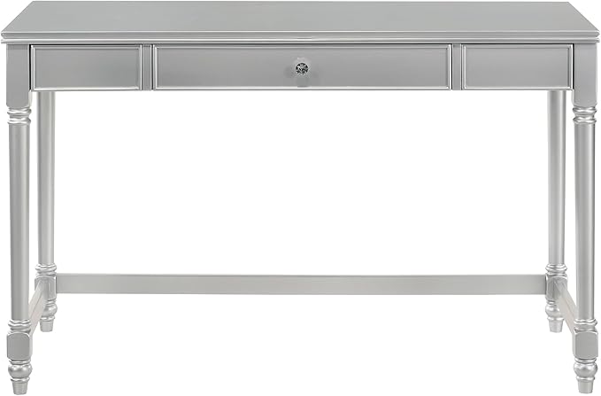 24/7 Shop at Home Eunie Modern 2-Piece Wood Storage Writing Desk with 1 Drawer and Upholstered Chair Set for Workstation, Home Office, Study Room, Silver