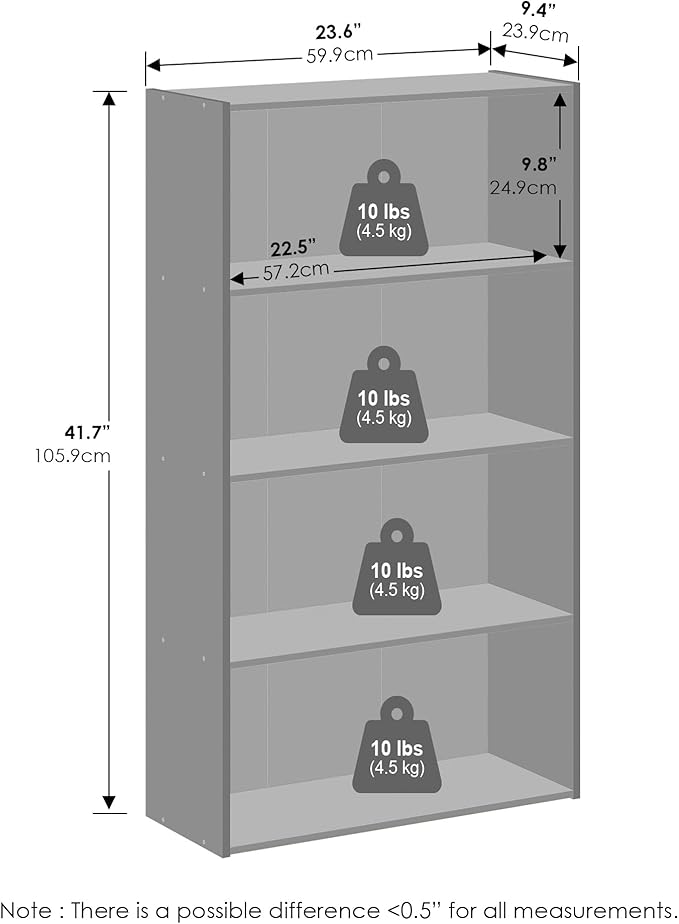 Furinno Simple Book Shelf, 4-Tier Bookshelf, Bookcase with Open Shelf, 9.4 x 23.6 x 41.7, for Living Room, Bedroom, Home Office, Espresso