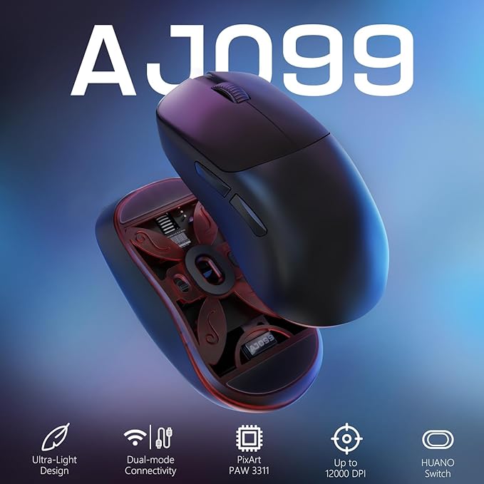 FELICON x AJAZZ AJ099 Wireless Gaming Mouse, 59g Lightweight Pixart Sensor PAW3311, 6 DPI up to 12K, 2.4G/USB-C Wired 200Hrs Battery Programmble Computer Mice for WIn/Mac/PS4/XBOX/Gamer/Office(Black)