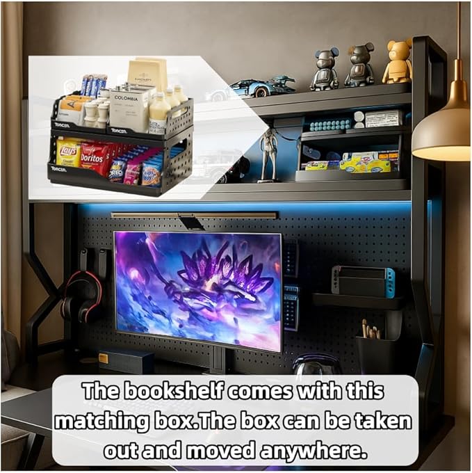 Desktop Hutch Bookshelf,Many Gifts,Metal Desktop Bookcase with pegboard, Desk Shelf Black, Countertop Storage Organizer Rack for Dorm or Office,Desktop Shelves(Black, 29.5" Lx9.9 Wx39 H)