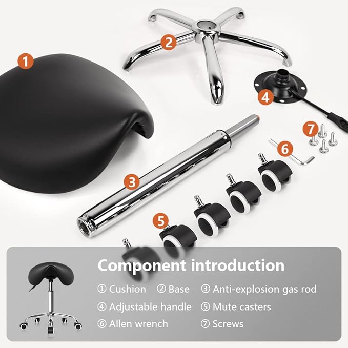 KKTONER Rolling Saddle Stool PU Leather Swivel Adjustable Rolling Stool with Wheels Salon Chair Black