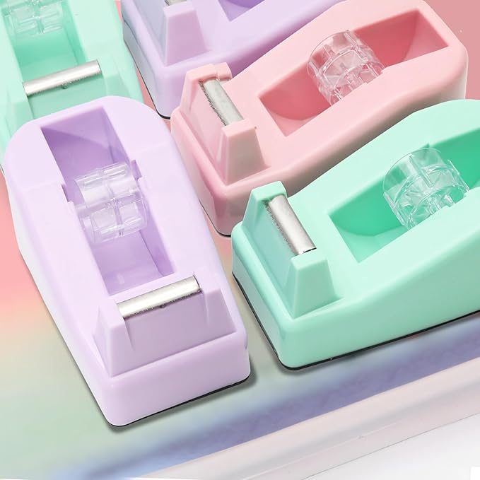 Desktop Tape Dispenser Heavy Duty Desk Accessories Floral Office Tape Dispensers, Weighted Non-Skid Base, Macaron Pink