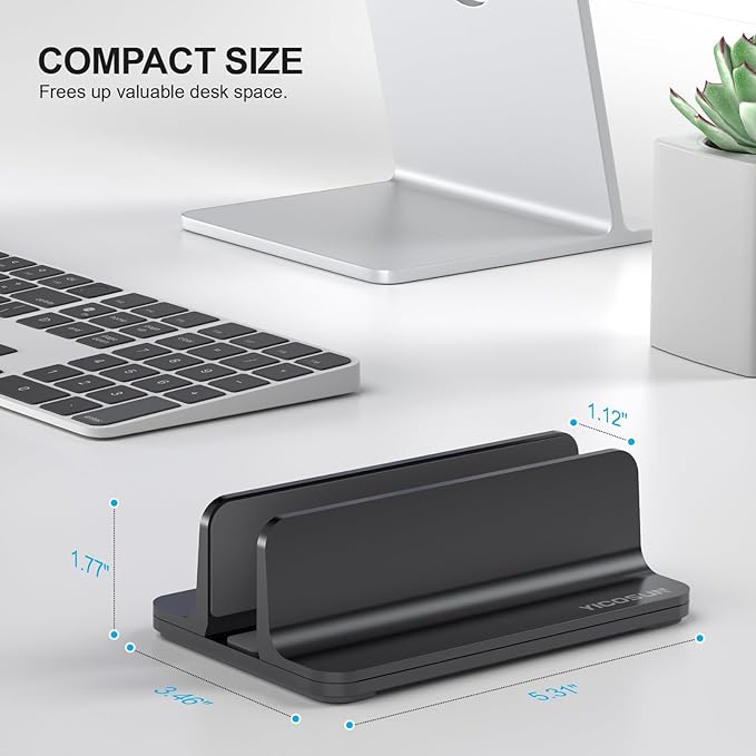 YICOSUN Aluminum Vertical Laptop Stand for Desk - Adjustable Width Dock for MacBook, Surface, Samsung, HP, Dell up to 17.3 inches - Space-Saving & Protective Design - Black