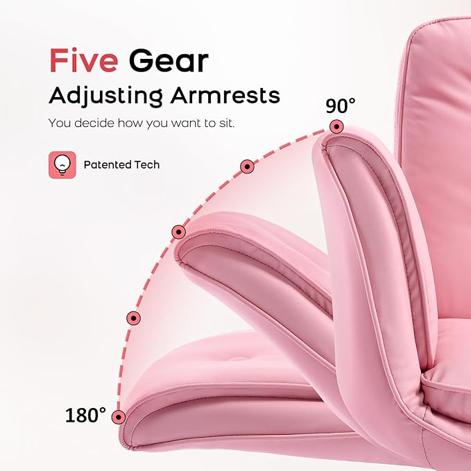amseatec Criss Cross Chair with Armrests & Wheels, PU Leather Vanity Chair, Comfortable Adjustable Swivel Computer Office Desk Chairs for Home, Make Up, Bed Room (Pink)