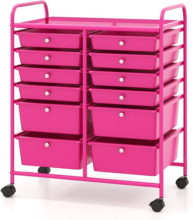 Moccha 12-Drawer Rolling Storage Cart - Utility Cart on Wheels with Lockable Casters for Craft Art Supply Paper Salon, Mobile Drawer Carts for Classroom Teacher School Office (Hot Pink)