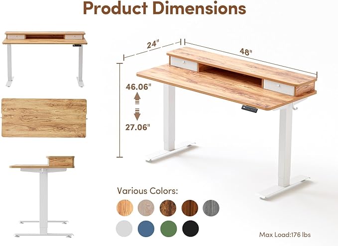 BANTI 48x24 Inch Electric Standing Desk with Dual Drawers, Height Adjustable Stand Up Table, Sit Stand Home Office Desk with Storage Shelf, White Frame/Light Rustic Brown Top