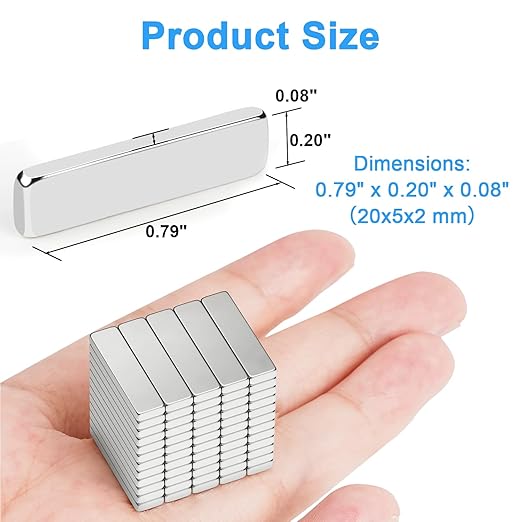 100 Pack 20x5x2 mm Rare Earth Neodymium Magnets, Powerful Small Strong Metal Rectangular Bar Magnetic Strip Magnet for Fridge Garage Kitchen Science Craft Office, Silver