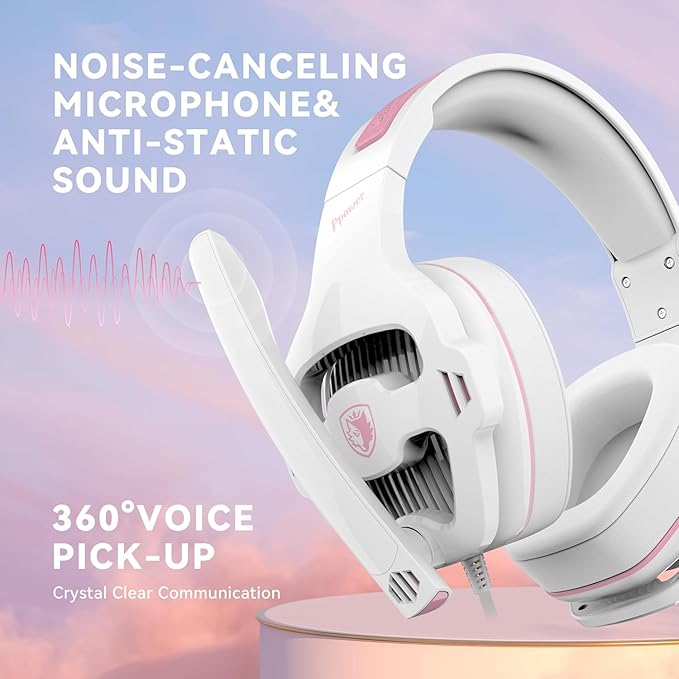 Pink Gaming Headset with Mic for PS5 PS4 Xbox Series X|S PC, Wired Gaming Headset with Noise Cancelling Microphone, Cute Gaming Headphones for Girls, Stereo PC Headset for Nintendo Switch