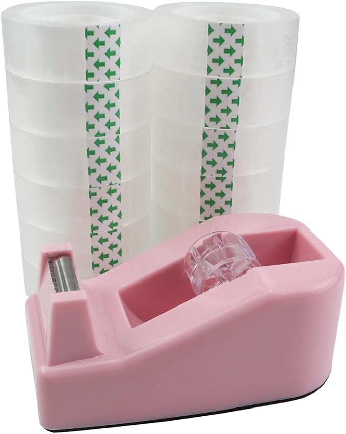Desktop Tape Dispenser,1 Pack Pink Tape Dispensers with 12Rolls Transparent Tape, for Packaging in Office,Restaurant, Flower Shop,Cake Shop (Pink)