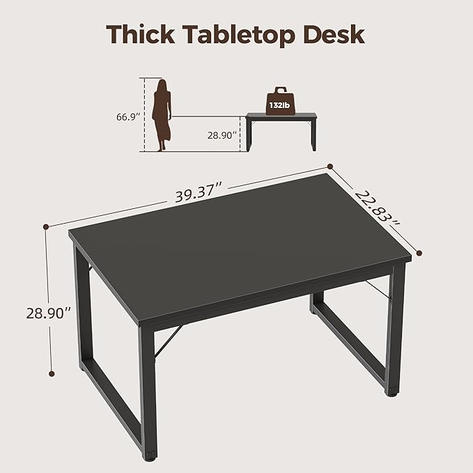Mericonia 40 Inch Computer Desk, 1" Thick Modern Simple Study Writing Table, Heavy Duty Industrial Office Desk for Home Bedroom Workstation, Black