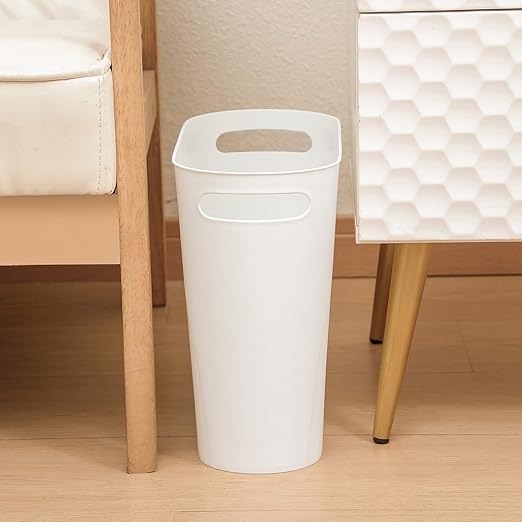 rejomiik Small Trash Can, 3.5 Gallon Slim Garbage Can Plastic Waste Basket with Handles Container Bin for Narrow Spaces Bathroom, Bedroom, Kitchen, Office at Home, 2 Pack White
