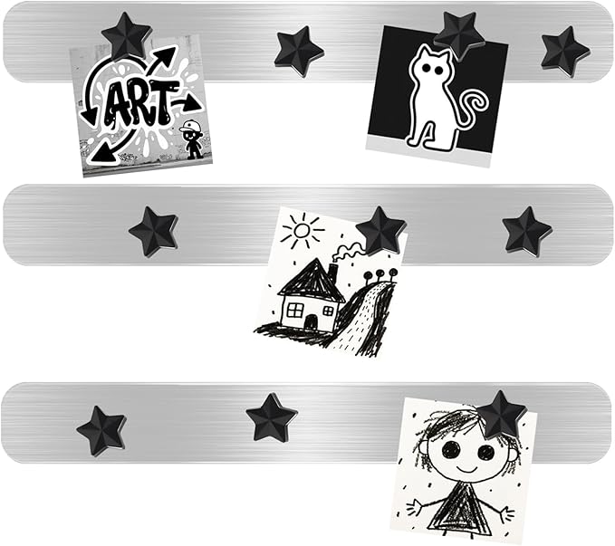 Magnetic Board - Frameless Stainless Iron Magnetic Strips with Adhesive Backing, 3pcs Magnet Board for Wall, Bulletin Bar Board with 10 Pieces Black Star Magnet, Memo Bar for Office School Home