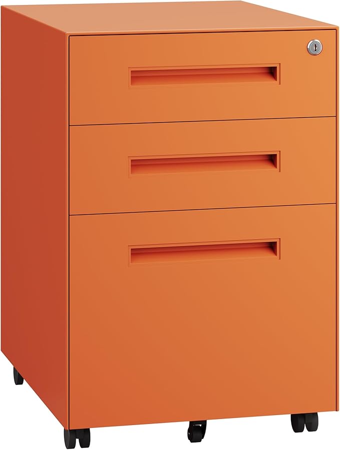 Dripex 3 Drawer Orange File Cabinet, Mobile Under Desk Storage File Cabinet with Lock on Wheels, Fully Assembled, Letter/Legal Size, Small Short Vertical Metal Rolling Filing Cabinets for Home Office