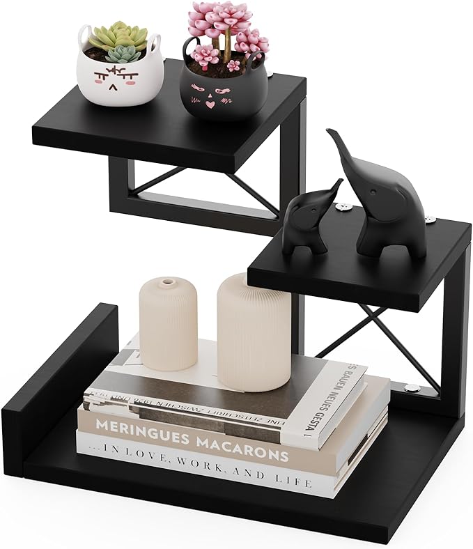 Abiglifty Desk Shelf Organizer, Wooden Desktop Organizers, 3 Tier Desk Hutch Small Bookshelf, Nightstand Organizer, Riser Display Stand for Office, Dorm, Home (Black)