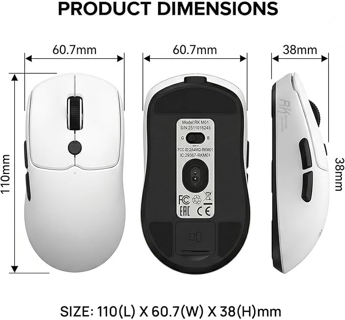 RK ROYAL KLUDGE MO1 Wireless Mouse, 55g Ultra-Lightweight Computer Mice, 6 Programmable Buttons, 2.4GHz/Bluetooth/Wired, 6000 DPI Optical Sensor, White