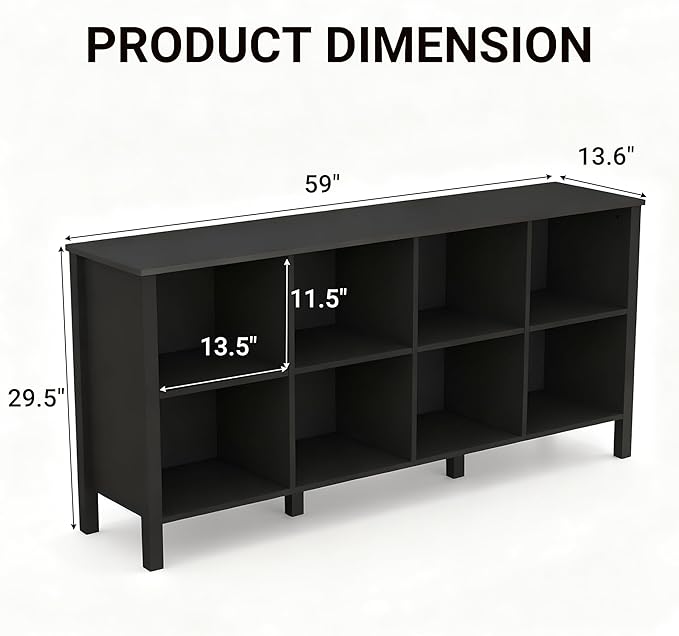 8-Cube Bookcase, Farmhouse Wooden Bookshelf Low Storage Organizer, 59" Horizontal Black Console with Legs, Hallway Book Case for Entryway, Display Cabinet for Living Room (Black, 8-Cube)