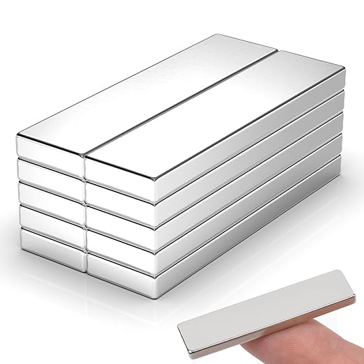 10 Pack 40x10x3 mm Rare Earth Neodymium Magnets, Powerful Small Strong Metal Rectangular Bar Magnetic Strip Magnet for Fridge Garage Kitchen Science Craft Office, Silver