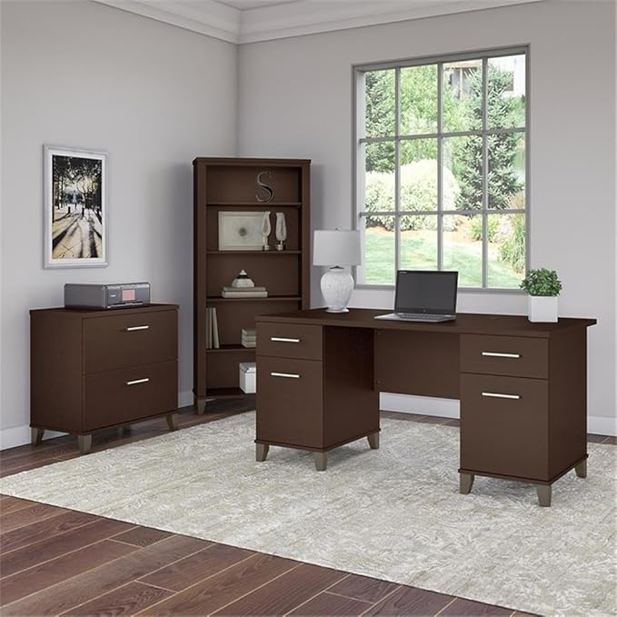 Scranton & Co Somerset 60W Office Desk Set, Cherry Finish, Includes Lateral File Cabinet and 5 Shelf Bookcase, Durable Workspace Furniture with Wire Management and Adjustable Shelves for Home Office