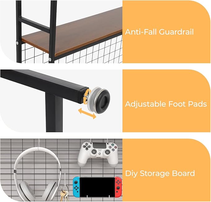 FAHKNS 2-Tier Desktop Bookshelf - Metal Desktop Bookshelf Organizer，Desk Book Organizer with 3 Hooks & DIY Storage Mesh，Suitable for Office/Game Room/Study/Powder Room（Black）