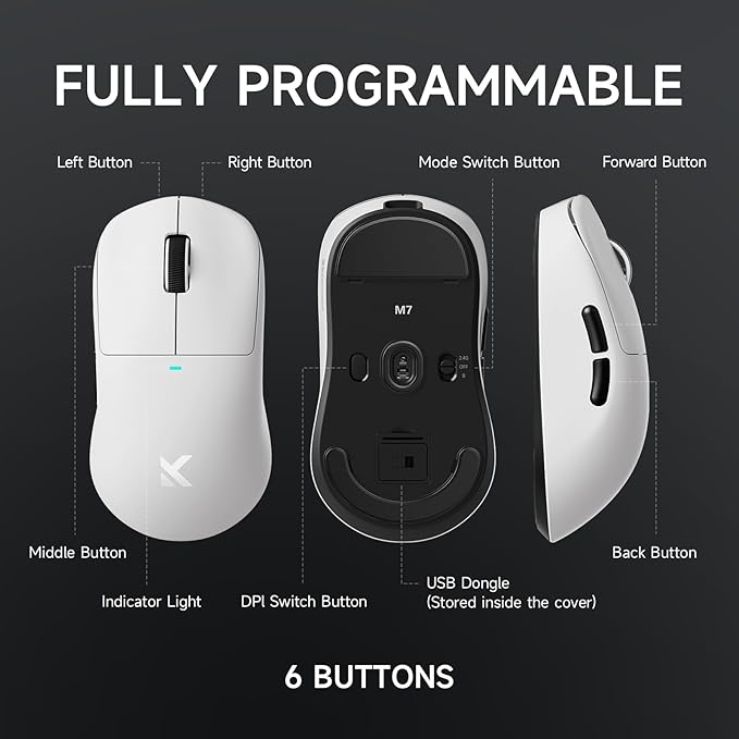 MCHOSE M7 Wireless Gaming Mouse, 8K Polling, 53g Lightweight Ergonomic Computer Mouse, PAW3395 Optical Sensor, 650 IPS, 26000 DPI, 6 Programmable Controls, USB-C 3-Modes, PC/Mac White