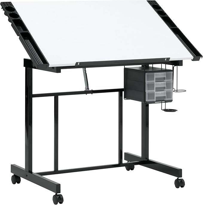 Studio Designs Deluxe Craft Station, Top Adjustable Drafting Table Craft Table Drawing Desk Hobby Table Writing Desk Studio Desk with Drawers, 36''W x 24''D, Black/White