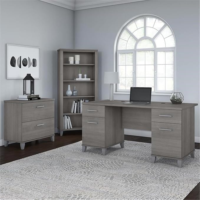 Pemberly Row Office Desk Set with File Cabinet & 5 Shelf Bookcase, 60W Desk, Engineered Wood, Gray Finish, Adjustable Shelves, Wire Management, Home Office Furniture for Workspace Organization