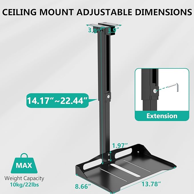 WALI Projector Ceiling Mount Tray, Height Adjustable Wall Mount Holder for Projectors, Hidden Cable Management, Fits Projectors up to 22lbs, 13.7" x 8.6" Platform, Black (PM-005-B)