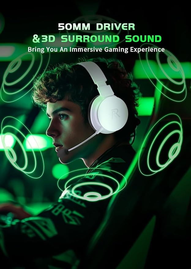 RYR Wireless Gaming Headset, Bluetooth 5.3, 3D Surround Sound, Rotatable Earmuffs, Wireless Gaming Headphones with Noise Canceling Microphones for Xbox Series X|S, Xbox One, Sega Gear, Mac-Blackwhite