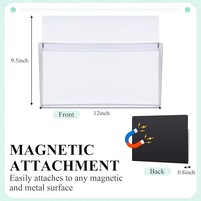 Henoyso 5 Pcs Magnetic File Holder 12 x 9.5 inches Paper Holder Magnetic Pen Dry Erase Marker Organizer Fridge Pocket Organizer for Whiteboard Refrigerator (White)