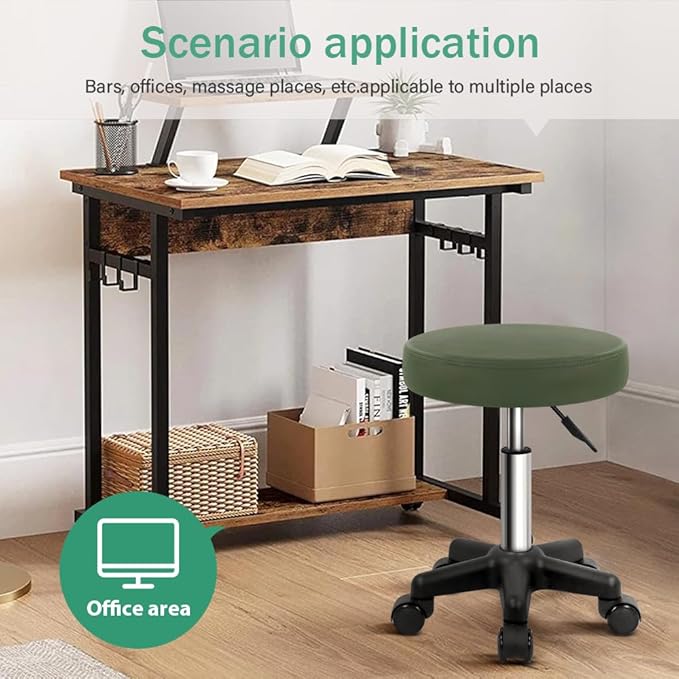 FURWOO Round Rolling Stool Height Adjustable Stool with Wheels for Spa Salon Massage Green