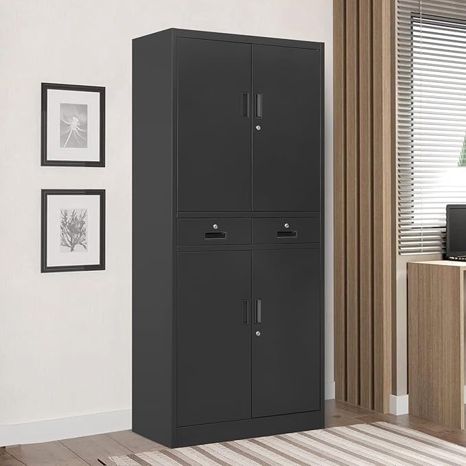 71" H Tall Metal Storage Cabinet with 2 Drawers, Metal Garage Storage Cabinet with Lock and 2 Adjustable Shelves for Home, Office, Garage, Warehouse Organize, Black