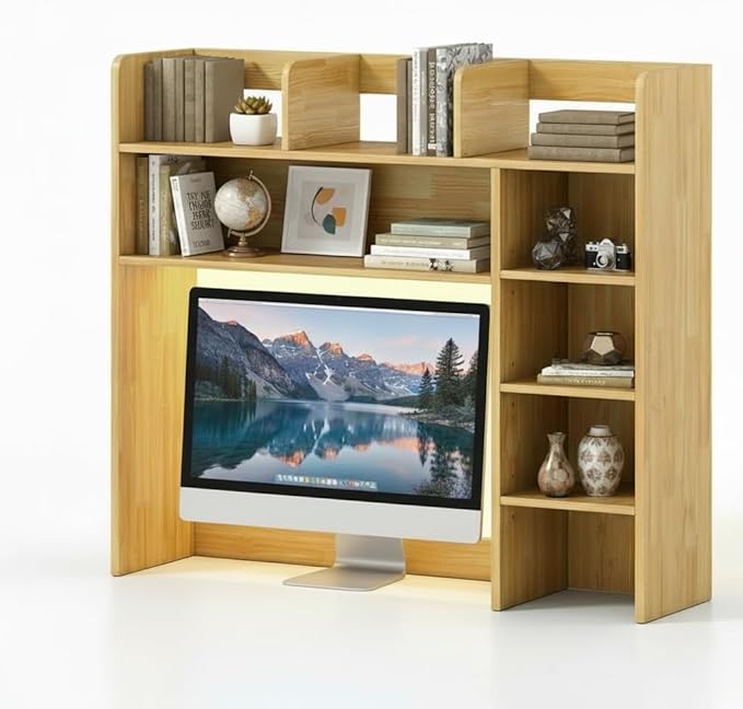 Tangkula Desktop Bookshelf with LED Lights, Desk Hutch with 8 Shelves for Max 25" Monitor, Desktop 5-Tier Display Rack, Wood Desktop Storage Hutch Organizer for Dorm Office Home, Burlywood
